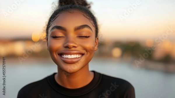 Fototapeta stylish smiling ethnic woman on neutral studio background --chao