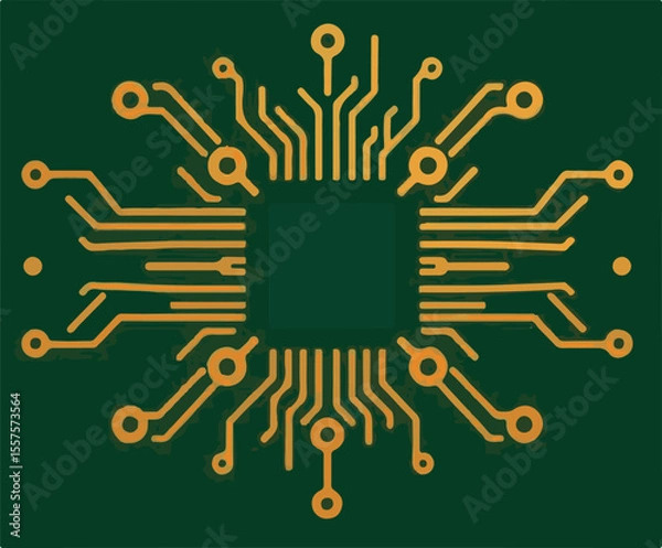 Fototapeta A detailed vector illustration of a central microchip with intricate, radiating orange circuit lines on a dark green background, symbolizing technology and connectivity.