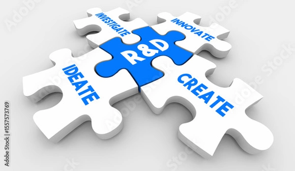 Fototapeta R&D Puzzle Research and Development Ideate Innovate Investigate Create 3d Illustration