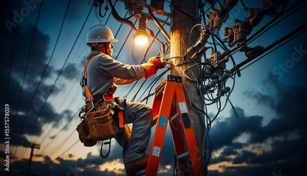 Fototapeta Macro Shot of Utility Worker Performing Electrical Maintenance on Pole 8K Resolution