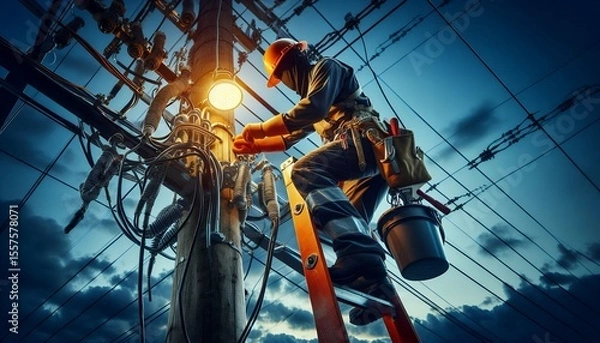 Fototapeta Macro Shot of Utility Worker Performing Electrical Maintenance on Pole 8K Resolution
