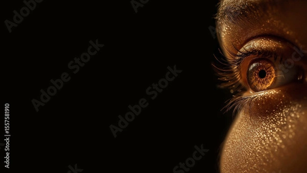 Obraz Extreme Close-Up of Human Eye with Golden Iris and Long Eyelashes in Dramatic Lighting on Dark Background – Vision, Focus, Beauty Concept with Copy Space