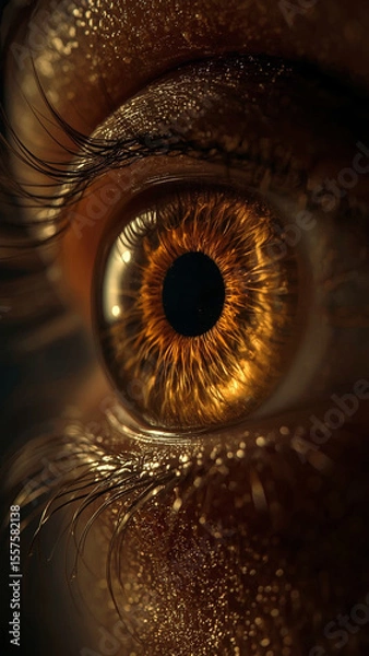 Obraz Ultra-Realistic Cinematic Macro Close-Up of a Human Eye with Radiant Golden-Brown Iris, Detailed Eyelashes, and Glowing Skin Texture Under Dramatic Low-Key Lighting
