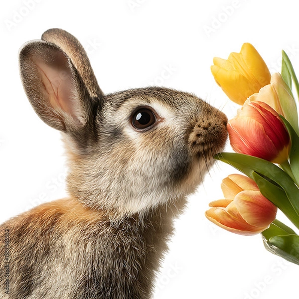 Obraz Young Rabbit Sniffing Spring Tulips A Vibrant CloseUp white background against transparent Background