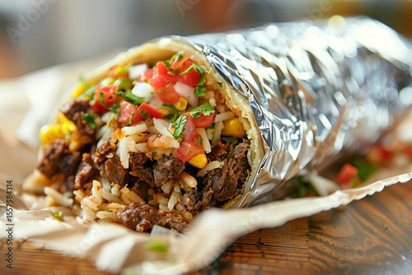 Fototapeta Delicious Beef Burrito Wrapped in Foil with Rice, Fresh Salsa, Corn, and Cilantro – Mexican Street Food Close-Up Perfect for Restaurant Menu or Takeout Concept