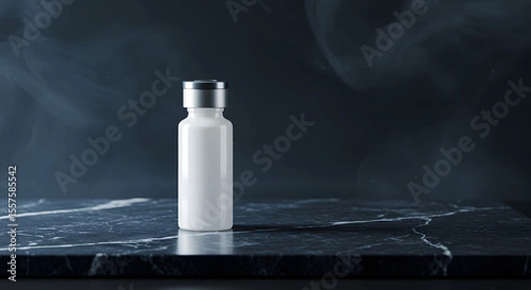 Obraz White vial on a dark marble surface with smoke in the background suggests healthcare or pharmaceutical product.