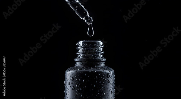 Obraz Liquid beauty serum dripping into a dark bottle highlights skincare and wellness products in a minimalist style.