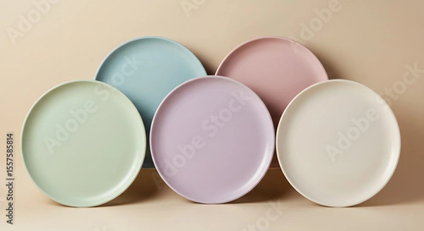 Obraz A pleasing pastel arrangement of circular plates creates a captivating tabletop display for kitchenware or dining presentations.