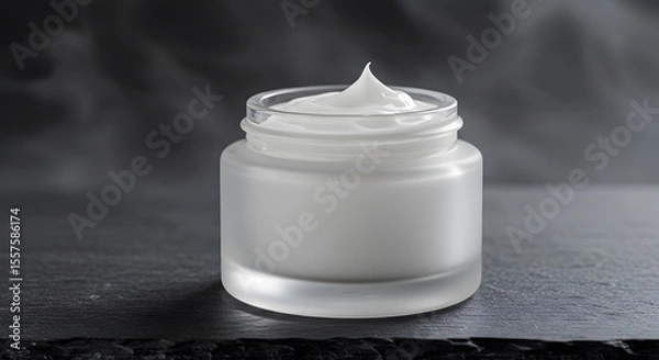 Obraz Elegant frosted glass jar presents luxurious moisturizing cream on textured slate backdrop, conveying beauty and skincare.