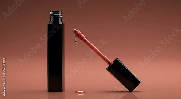 Obraz Elegant still life showcasing a bottle of lip gloss and applicator against a studio backdrop, beauty and cosmetics