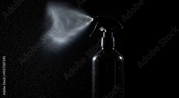 Obraz A black spray bottle with mist spraying against a dark backdrop exhibits action and cleanliness with water particles in the air.