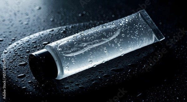 Obraz Transparent skincare tube glistening with droplets on a dark surface, representing freshness and purity in a minimalist aesthetic.