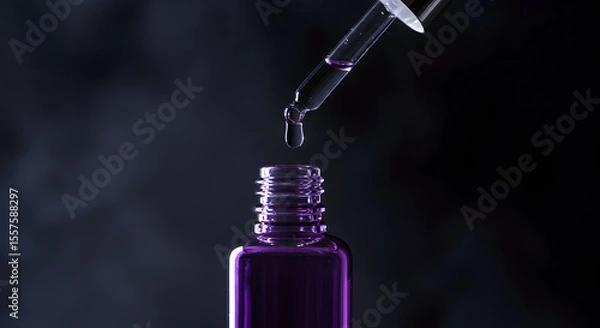 Obraz Purple liquid dripping into a glass cosmetic bottle demonstrates serum application on a dark backdrop.