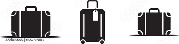 Fototapeta Collection of three black suitcase icons with different styles isolated on white background