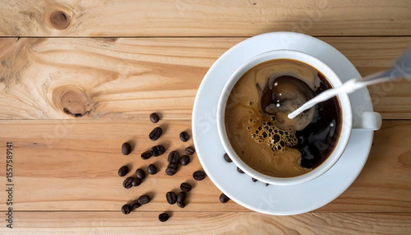 Fototapeta Cup of coffee with milk being poured into it sits on wooden table, surrounded by scattered coffee beans. overhead view captures swirling motion of milk blending with coffee