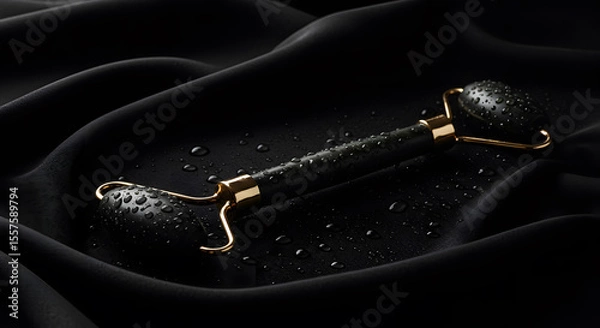 Obraz A luxurious black obsidian facial roller accented with gold rests on a flowing dark satin fabric, embodying skincare elegance.