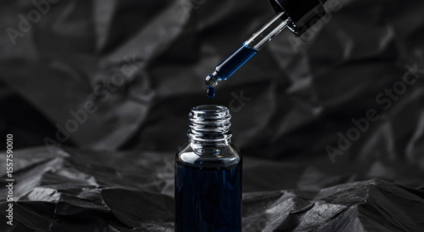 Obraz Blue liquid drips from a dropper into a glass bottle, set against a dark, textured background for beauty products.