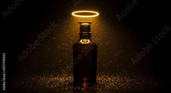 Obraz Mysterious glass bottle illuminated by a radiant halo glow on a dark background with golden particles.