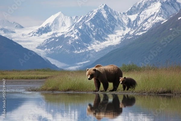 Fototapeta A brown bear and her cub are seen at the edge of a serene mountain lake, capturing a tender wildlife moment in a breathtaking natural setting with snow-capped peaks.