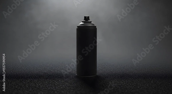 Obraz A monochromatic presentation of a spray can set against a dark, textured surface with a hazy backdrop.