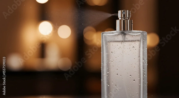 Obraz Elegant fragrance bottle spritzing on a bokeh backdrop exudes luxury and sophistication, ideal for promoting perfumes or personal care items.