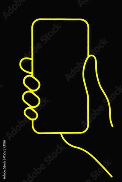Obraz a neon-like outline of a hand holding a smartphone against a black background