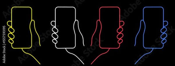 Obraz a neon-like outline of a hand holding a smartphone against a black background