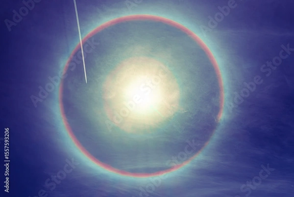 Obraz a plane with a track through rare natural phenomenon created when sunlight hits ice crystals suspended high in the atmosphere