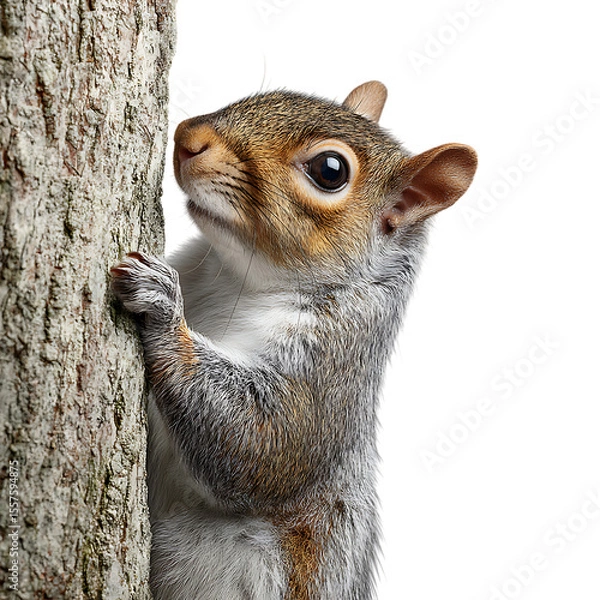 Obraz Grey Squirrel on Tree Trunk CloseUp Wildlife Photography white background against transparent Background