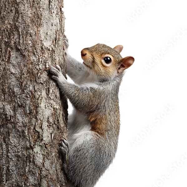 Obraz Eastern Gray Squirrel Climbing Tree Trunk Closeup Wildlife Photography white background against transparent Background