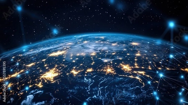 Fototapeta Global wireless communication concept with Earth network map, digital data transfer and connectivity technology design