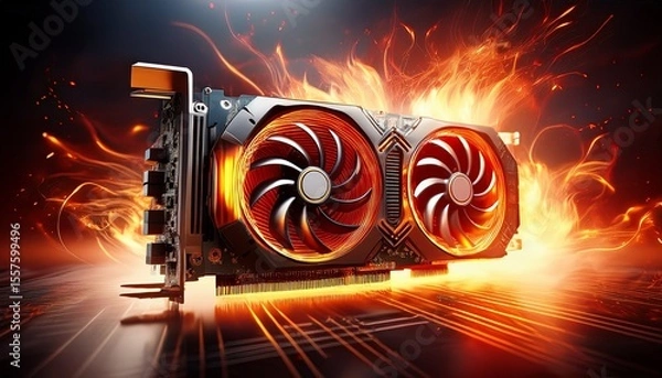 Fototapeta close up of an gaming graphics card with fans fire and sparks flying around it overheating gpu hardware after overclocking graphic card service concept