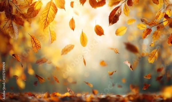 Obraz Falling Autumn Leaves in a Sunny Forest