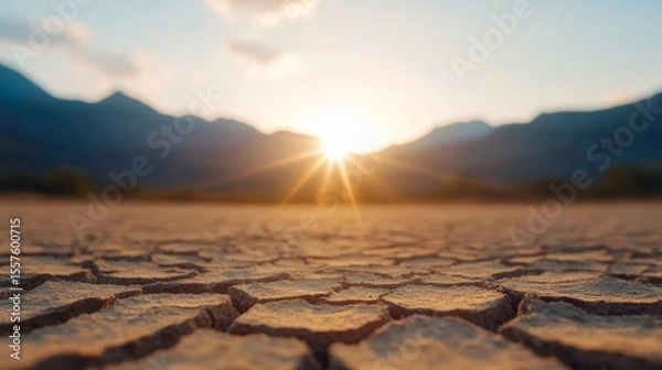Fototapeta Beach made of cracked dry earth, striking symbol of climate extremes and environmental contrast