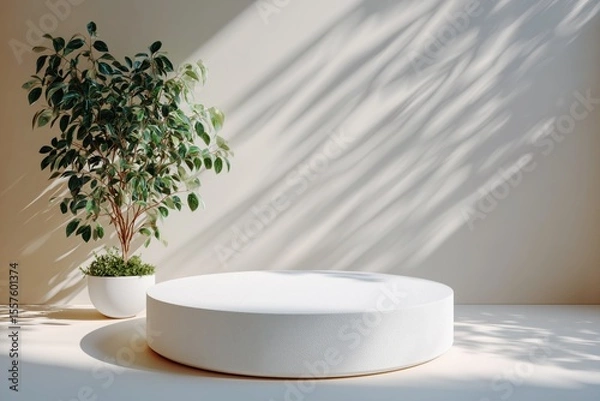 Obraz Minimal white podium with plant shadow in morning light