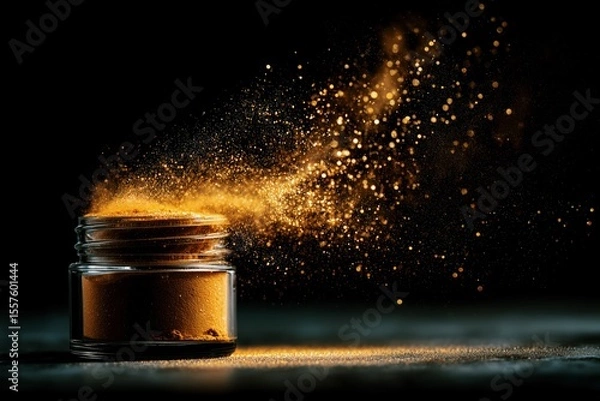 Obraz Golden powder exploding from glass jar on black background