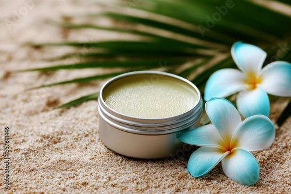Obraz Open tin of tropical balm with blue flowers on sand