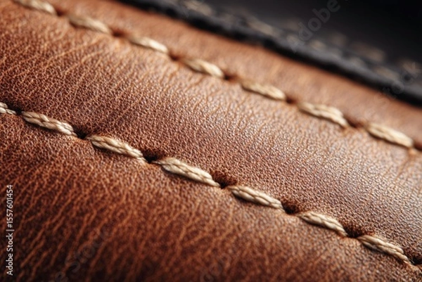 Obraz Close-up of brown leather with seam stitching