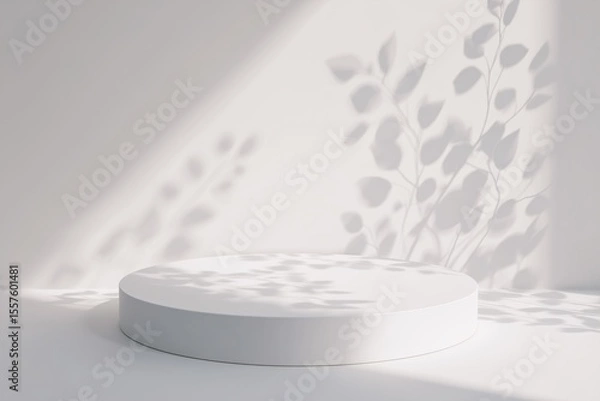 Obraz White round podium with botanical shadows in sunlight