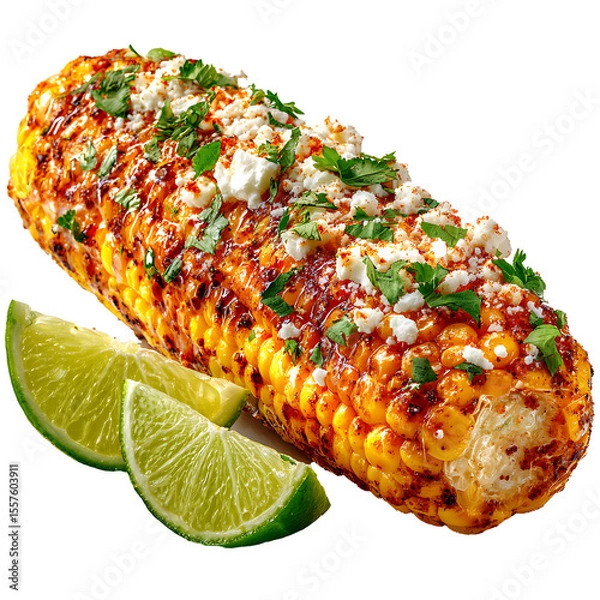 Obraz Close up of elote with lime wedges and toppings on a black background in a studio shot