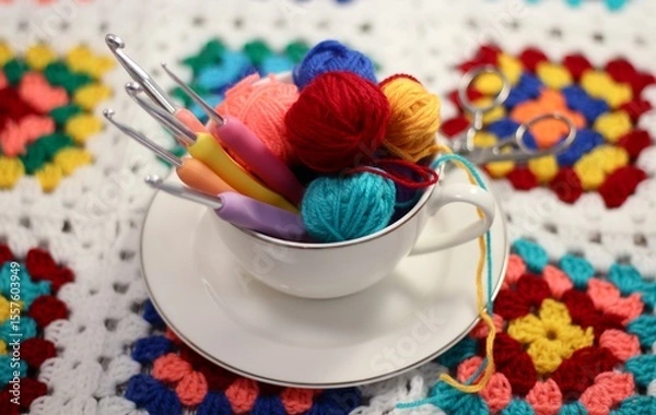 Fototapeta A cup and a saucer with clews balls of yarn wool and crocheted blanket handmade craft bright photo	
