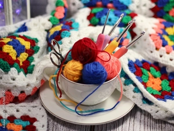 Fototapeta A cup and a saucer with clews balls of yarn wool and crocheted blanket handmade craft bright photo	
