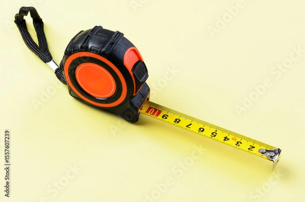 Fototapeta Construction measuring tape on bright yellow background isolated closeup tool image