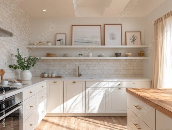 Fototapeta A kitchen with a white countertop and wooden cabinets. A vase with flowers sits on the counter
