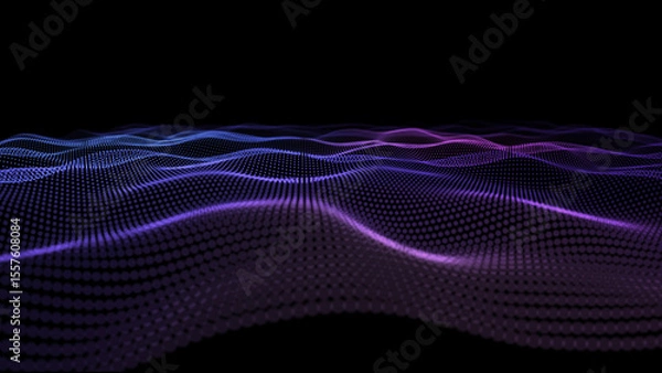 Fototapeta Futuristic background wavy lines from dots in dark cyberspace. Digital technology concept data analysis. Abstract wave with purple particles DOF.