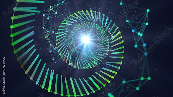 Fototapeta Abstract grid helix from color polygons in dark cyberspace. Futuristic color grid digital portal with particles and spot star.