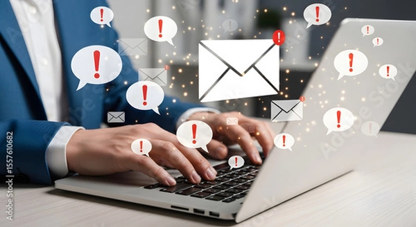 Fototapeta Businessman Overwhelmed by Email Spam and Alert Notifications on Laptop
