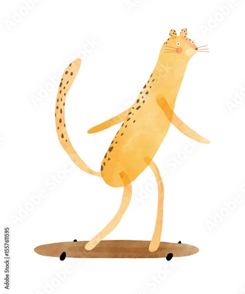 Obraz Cute Cheetah Riding A Skateboard. Childish Drawing-like Vector Illustration Of Happy Leopard Skateboarding. Yellow Wild Cat On A White Background. Kids Room Decoration.