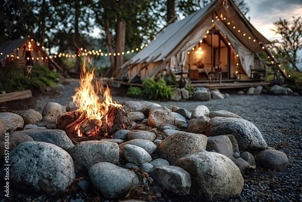 Obraz Warm fire burning brightly in fire pit made of stones, illuminating glamping site with canvas tents and string lights at dusk, creating cozy and inviting atmosphere