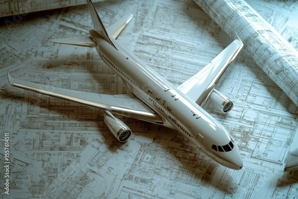 Fototapeta A model airplane resting on a blueprint with rolled blueprints in the background on a flat surface